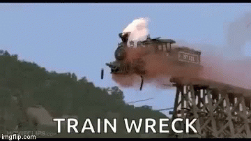 A Train Is Crashing Into A Bridge And The Words Train Wreck Are Written On The Screen . GIF