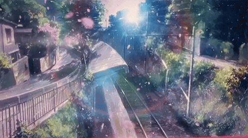 A Train Is Going Down The Tracks With Flowers Falling From The Trees . GIF