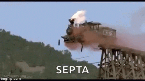 A Train Is Going Over A Bridge With The Words Septa Written On The Bottom . GIF