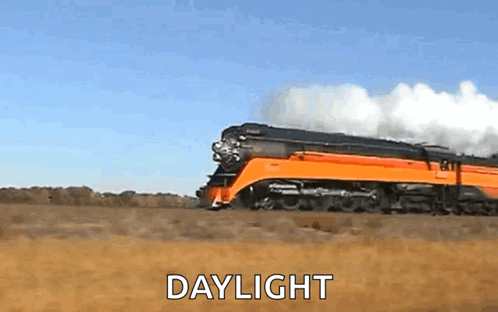 A Train Is Going Through A Field With The Words Daylight Below It . GIF