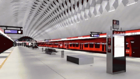 A Train Station With A Sign That Says ' Helsinki ' GIF