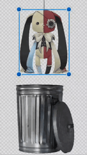A Trash Can With A Picture Of A Doll On It GIF