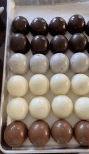 A Tray Of Chocolate Balls Of Different Flavors And Colors . GIF