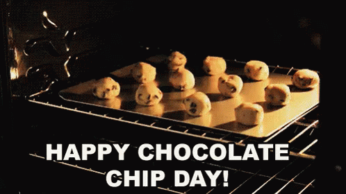 A Tray Of Chocolate Chip Cookies In An Oven With The Words Happy Chocolate Chip Day Below Them GIF