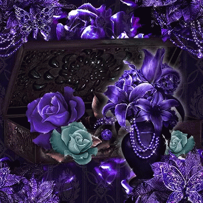 A Treasure Chest Surrounded By Purple Flowers And A Necklace GIF