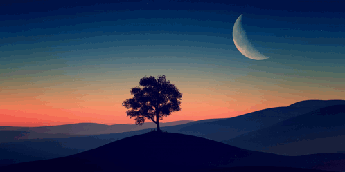 A Tree On Top Of A Hill At Sunset With A Crescent Moon In The Sky GIF
