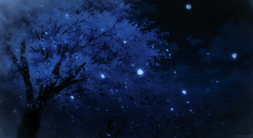 A Tree With Blue Leaves Against A Dark Blue Background GIF
