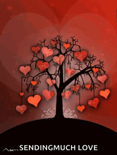 A Tree With Red Hearts Hanging From It And The Words Sending Much Love GIF