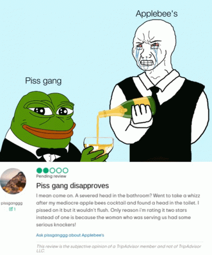 A Tripadvisor Review For Applebee 'S Has A Picture Of A Frog And A Man GIF