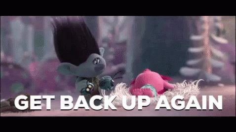 a troll and a pink troll are standing next to each other in a scene from the movie trolls .