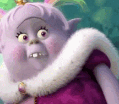 A Troll With A Crown On Her Head And A Fur Collar Is Wearing A Purple Dress And A Fur Collar . GIF