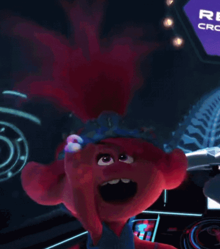 A Troll With A Crown On Her Head Is Sitting In Front Of A Crown Club Sign . GIF