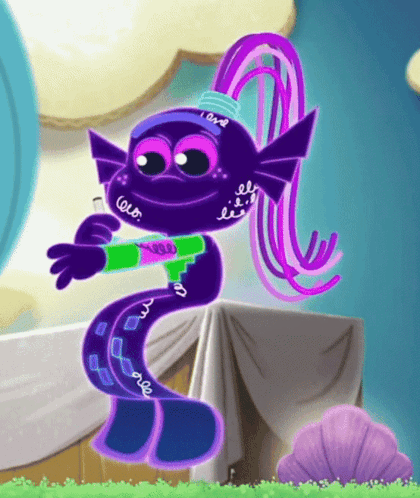 A Troll With Purple Hair Is Holding A Gun And Wearing A Green Jacket GIF