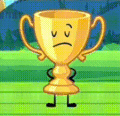 A Trophy With A Sad Face And Arms And Legs Is Standing On A Wooden Table . GIF