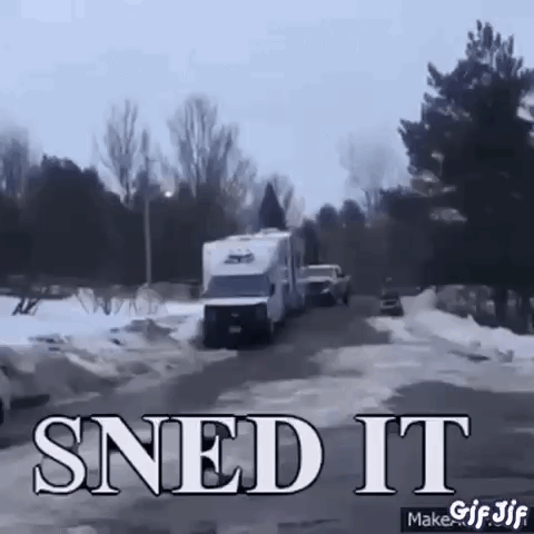 A Truck Is Driving Down A Snowy Road With The Words Sneed It Written On The Bottom . GIF