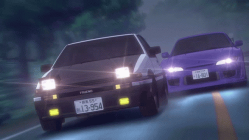 A Trueno Car Is Driving Next To A Purple Car With A License Plate That Reads 16-801 GIF