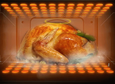 A Turkey Is Being Cooked In A Microwave Oven With Steam Coming Out Of It GIF