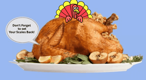 A Turkey Is On A Plate With A Speech Bubble That Says " Don 'T Forget To Set Your Scales Back " GIF
