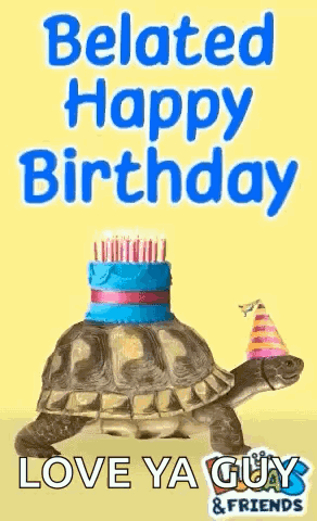 A Turtle Wearing A Party Hat And A Cake With Candles On It . GIF