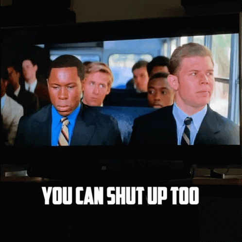 A Tv Screen Shows A Movie With The Words " You Can Shut Up Too " On The Bottom GIF