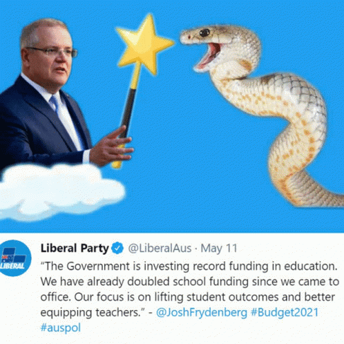 A Tweet From The Liberal Party Shows A Man Holding A Magic Wand And A Snake With Its Mouth Open GIF
