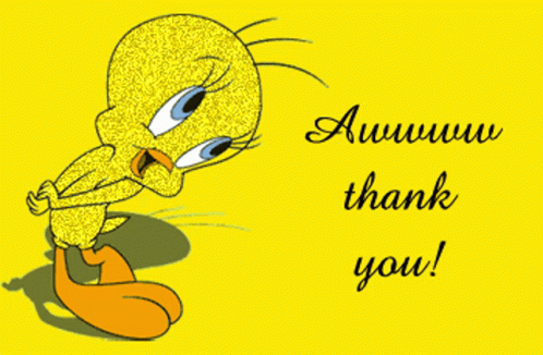 A Tweety Bird Is On A Yellow Background With The Words Awww Thank You GIF