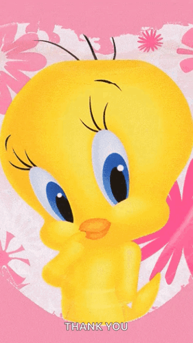A Tweety Bird On A Pink Background With The Words Thank You Below It GIF
