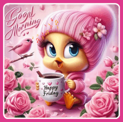 A Tweety Chick Is Holding A Cup Of Coffee With The Words Happy Friday On It GIF