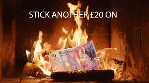 A Twenty Pound Bill Is Burning In A Fireplace GIF