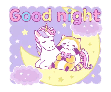 a unicorn and a raccoon are laying on a crescent moon with the words good night written above them