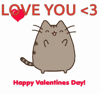 A Valentine 'S Day Card With A Cat And The Words " Love You < 3 " GIF