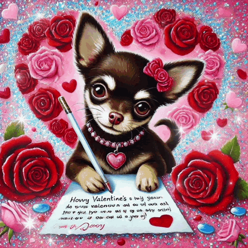 A Valentine 'S Day Card With A Chihuahua Writing A Letter GIF