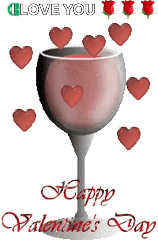 A Valentine 'S Day Card With A Wine Glass Surrounded By Hearts And Roses GIF