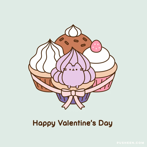 A Valentine 'S Day Card With Cupcakes And A Cat GIF