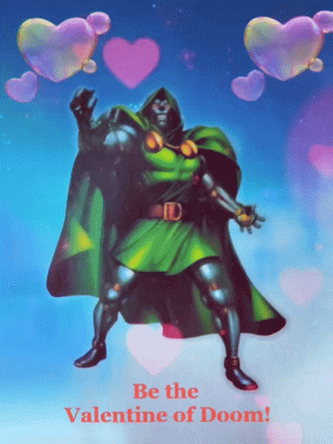 A Valentine 'S Day Greeting Card With A Superhero And The Words Be The Valentine Of Doom GIF