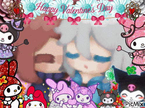 A Valentine 'S Day Greeting Card With Cartoon Characters And Flowers GIF