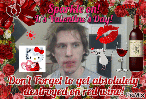 A Valentine 'S Day Greeting With A Hello Kitty And A Bottle Of Red Wine GIF