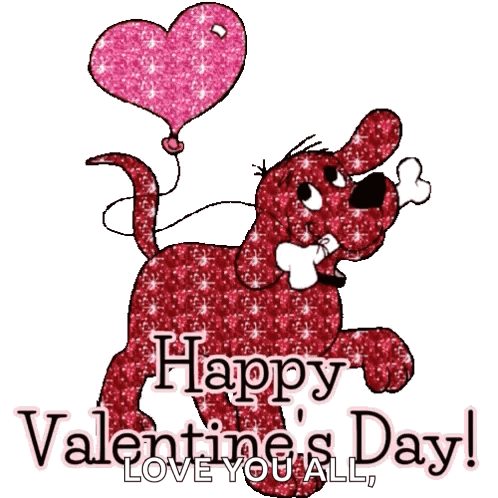 A Valentine 'S Day Greeting With A Red Dog Holding A Pink Heart Shaped Balloon GIF
