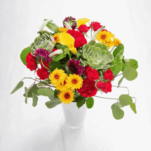 A Vase Filled With Flowers And Succulents On A White Surface GIF