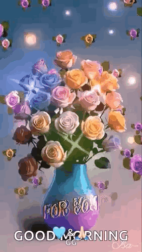 A Vase Filled With Roses And The Words `` Good Morning '' . GIF