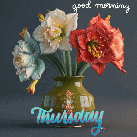 A Vase Of Flowers With The Words Good Morning Thursday GIF