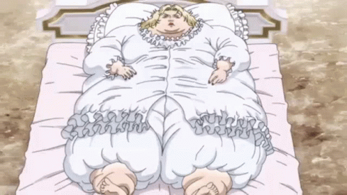 A Very Fat Woman Is Laying On A Bed In A White Dress . GIF
