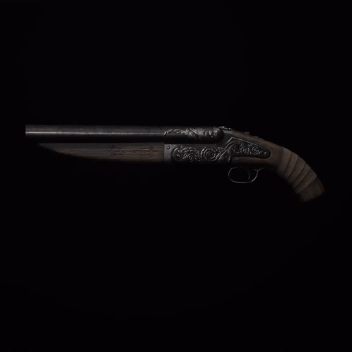 A Very Ornate Gun With A Black Background Has A Red Bullet GIF