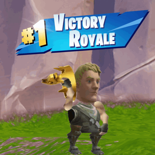 A Victory Royale Sign With A Man Holding A Gold Trophy GIF