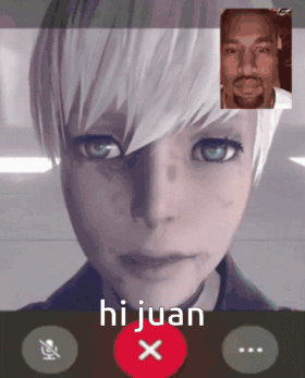 A Video Call Between A Woman And A Man With The Words Hi Juan X GIF