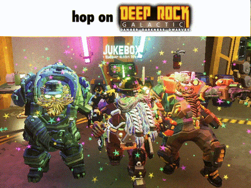 A Video Game Called Deep Rock Galactic Shows A Group Of Robots GIF