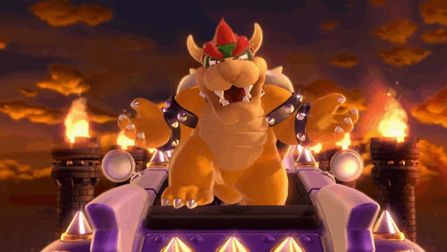 a video game character bowser is sitting on a purple throne