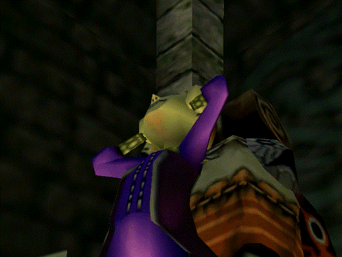 A Video Game Character Has A Purple Scarf Around His Neck And A Skull On His Back GIF