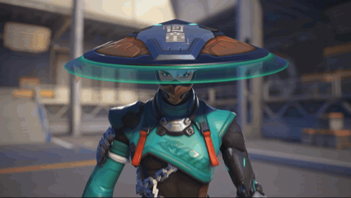 a video game character has a shield on his head with chinese characters on it