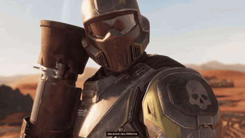 A Video Game Character Has A Skull On His Arm And Says See Event New Lifeforms GIF